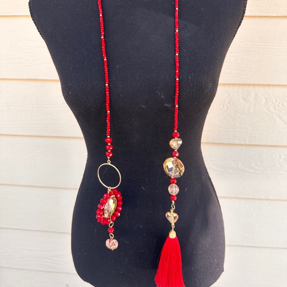 #31 Elegant Red Beaded Necklace with Tassel
